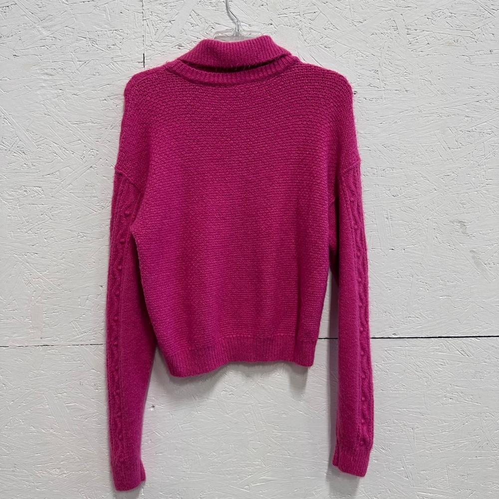 Free People Large Sweater Pink Cable Knit Polo Collar Boho Barbiecore Vibrant - Picture 2 of 8